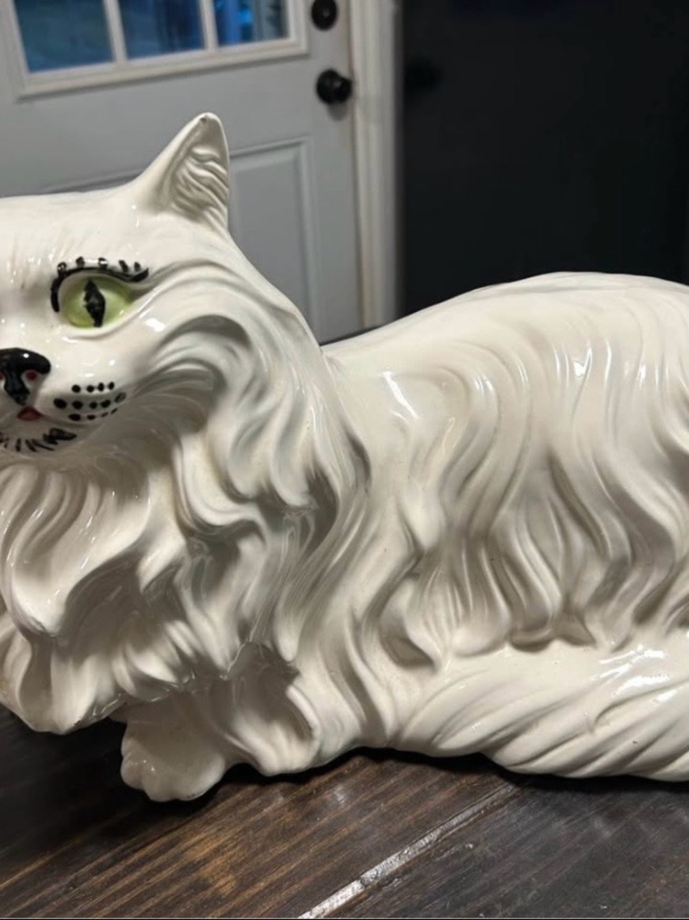 White Ceramic Cat Figurine with Green Eyes - Home Accent